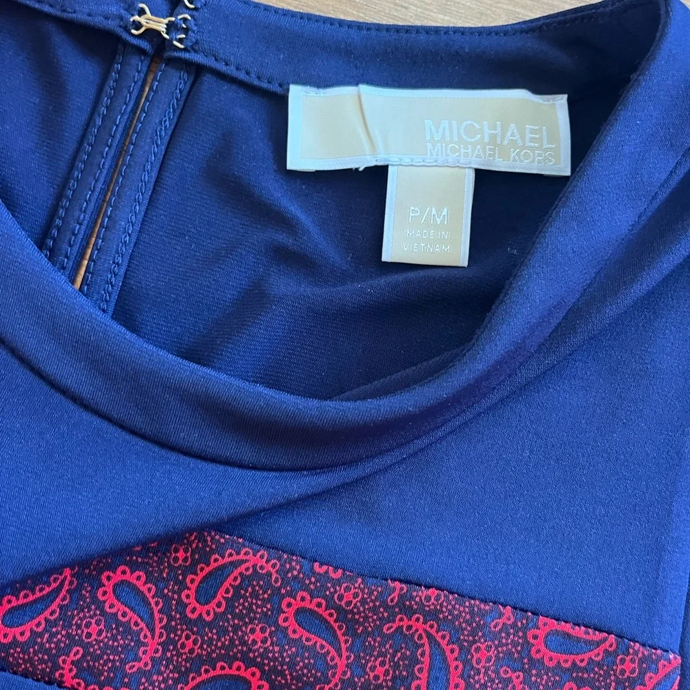 Michael Kors Paisley Paneled Stretch Shift Dress Stripe Navy & Red Women’s PM